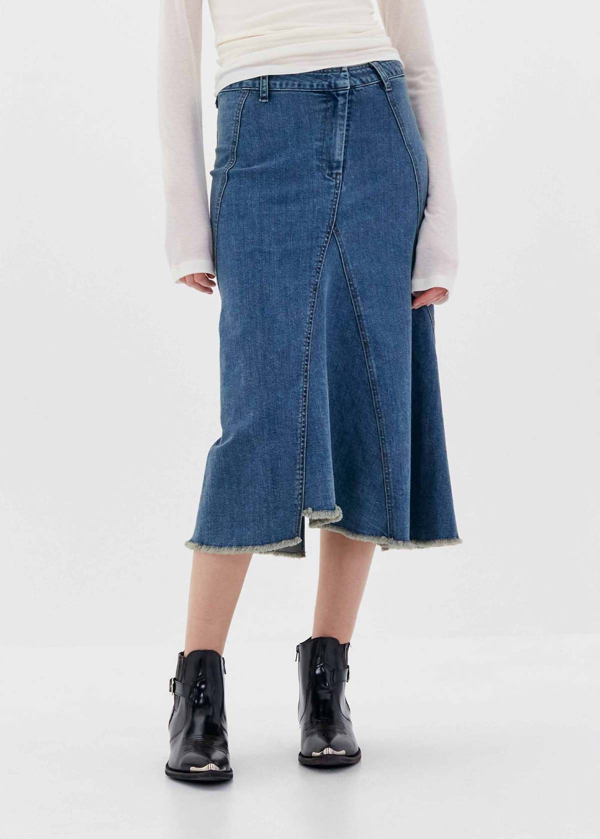 LOW CLASSIC SS24 Flared Denim Midi Skirt - Blue | Garmentory display picture 1