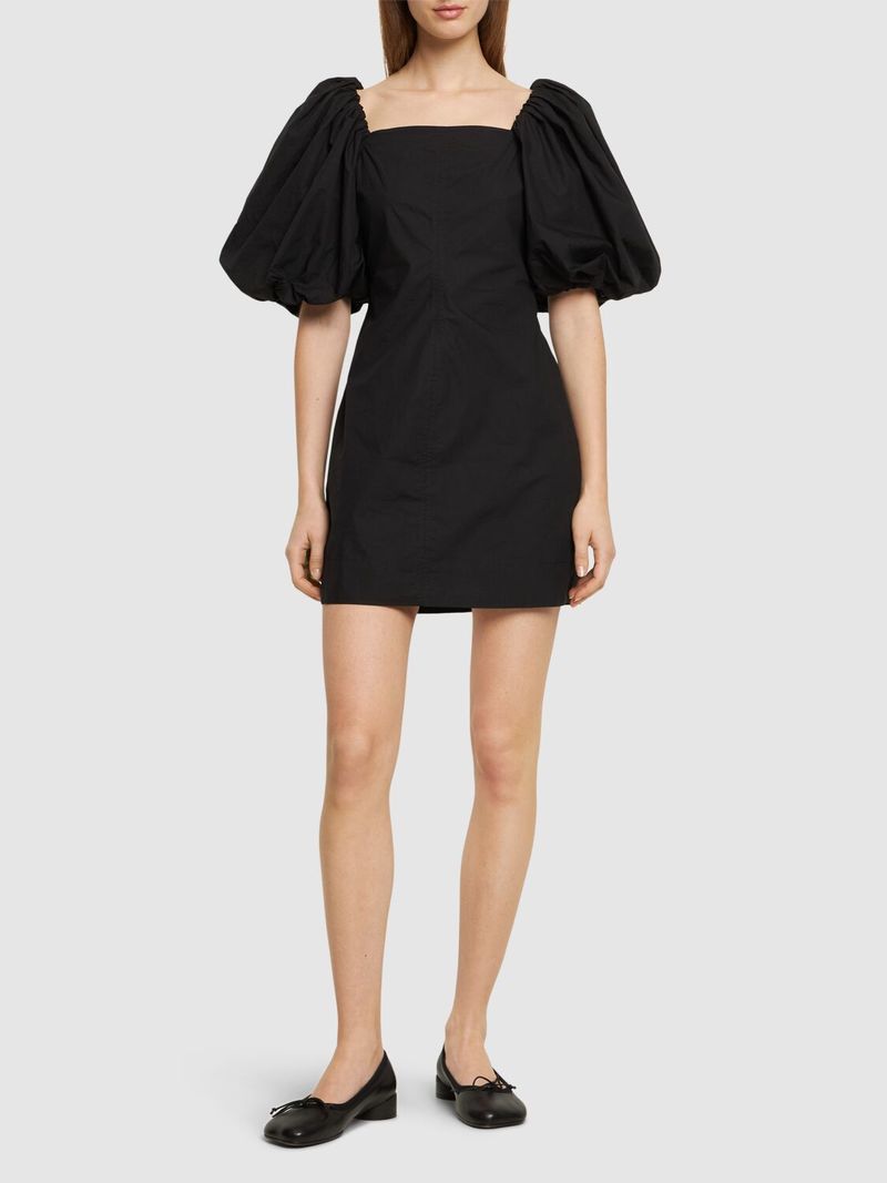 GANNI｜DRESSES (BLACK COTTON POPLIN PUFF SLEEVE MINI DRE Ganni Cotton Poplin Puff Sleeve Mini Dress - Black | Garmentory