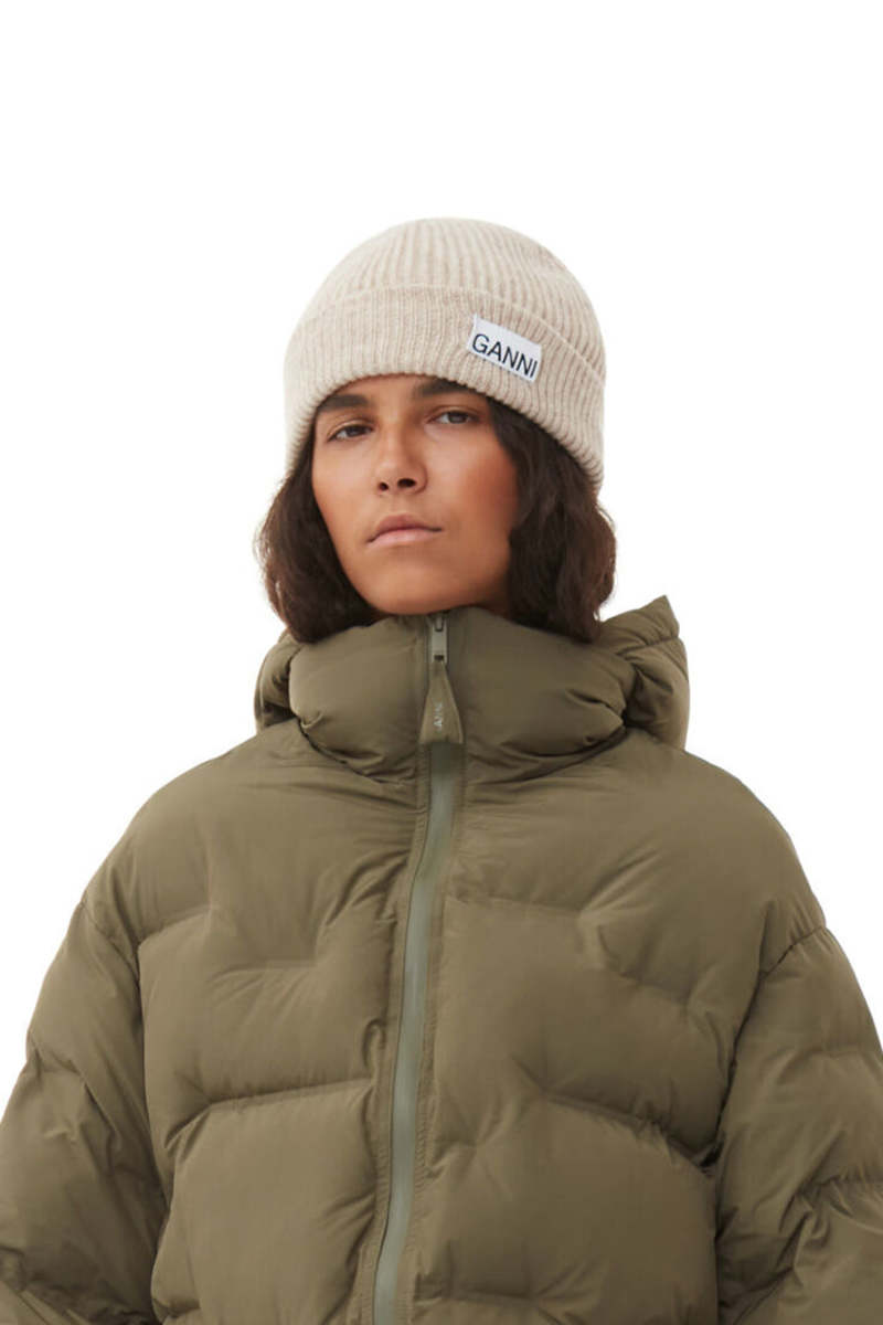 Ganni LIGHT STRUCTURED RIB KNIT BEANIE - BRAZILIAN SAND
