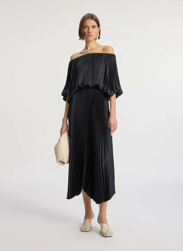 sienna satin pleated off shoulder midi dress A.L.C. Sienna Pleated Off-The-Shoulder Midi Dress