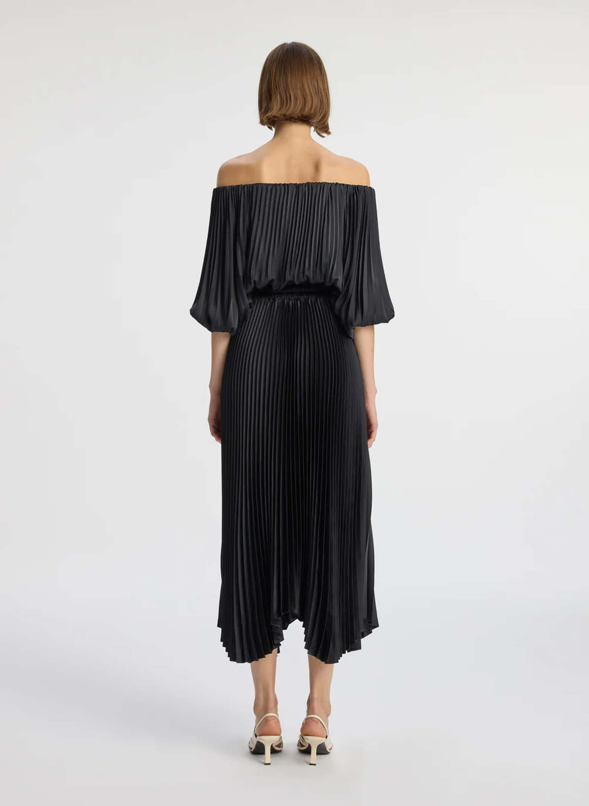 sienna satin pleated off shoulder midi dress A.L.C. Sienna Satin Pleated Off Shoulder Midi Dress in Red