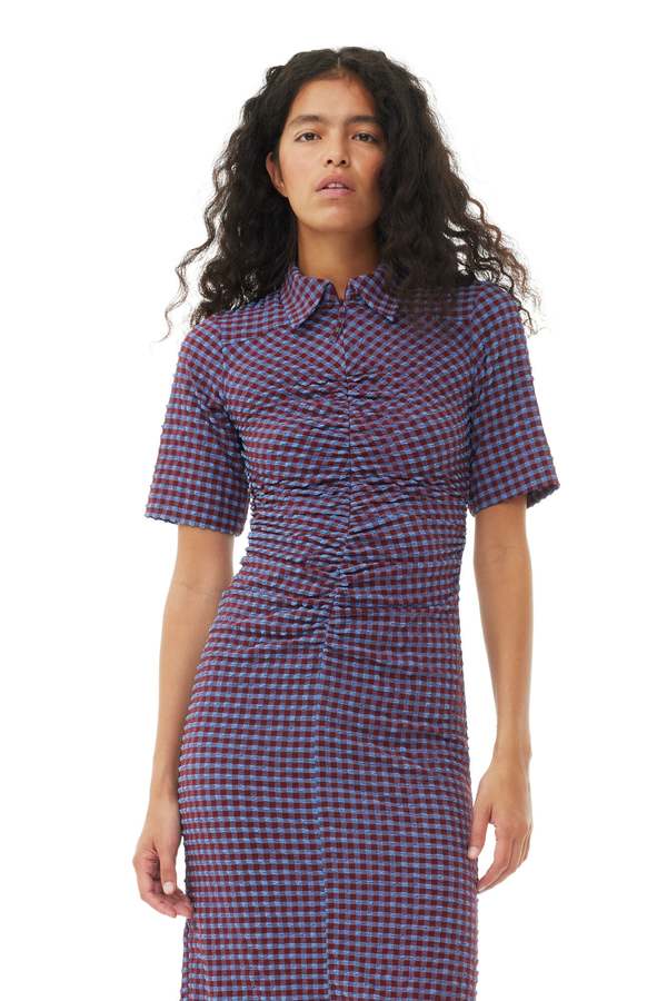 Ganni STRETCH SEERSUCKER FITTED DRESS - RACING RED | Garmentory
