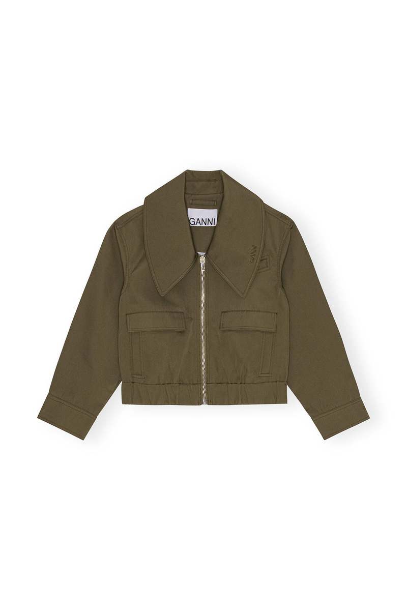 Kalamata Green Heavy Twill Wide Collar Short Jacket | GANNI US
