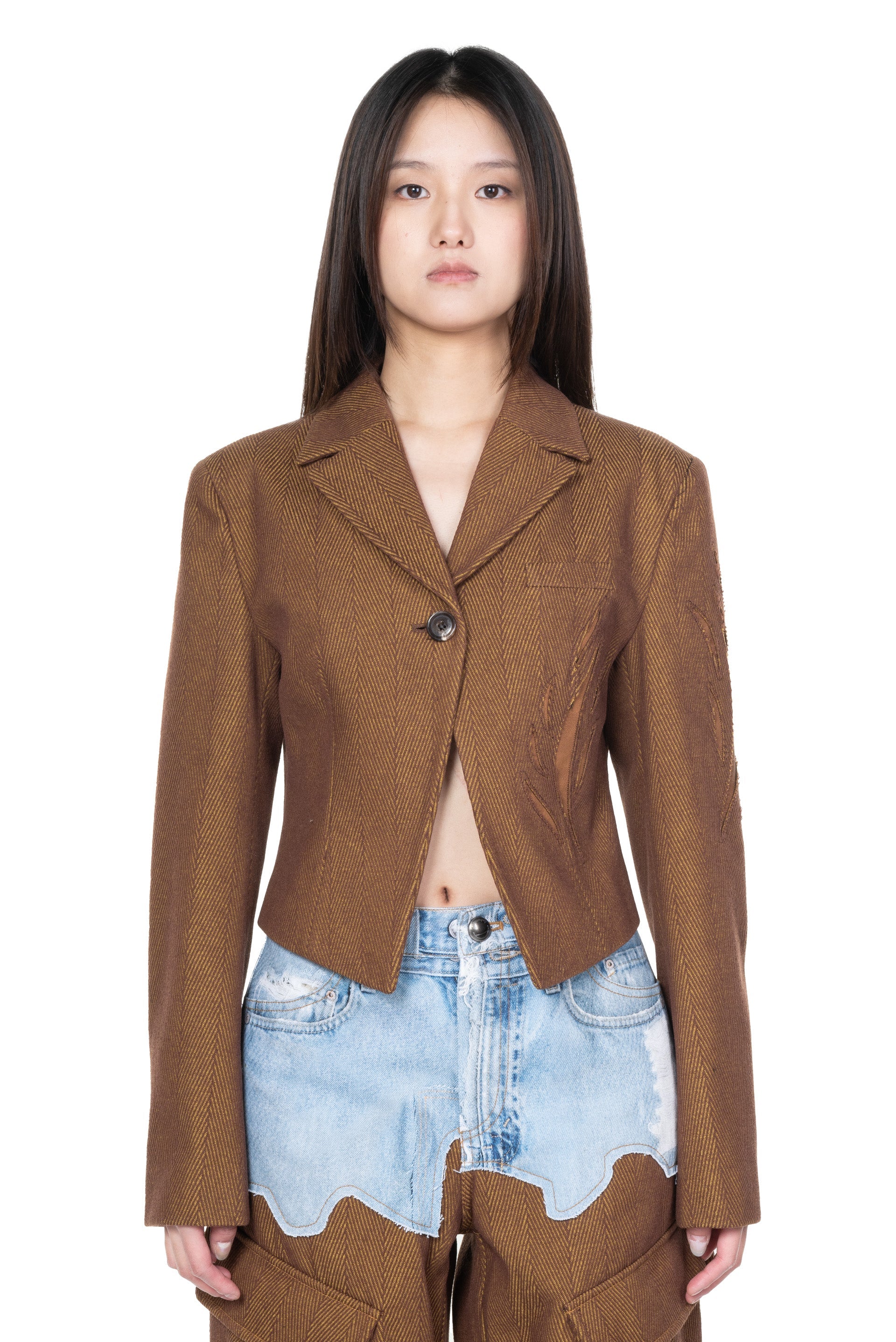 [ANDERSSON BELL]★(WOMEN) HANNAH LASER-CUT CROPPED JACKET ANDERSSON BELL Woven Hannah Laser-Cut Cropped Jacket - Brown