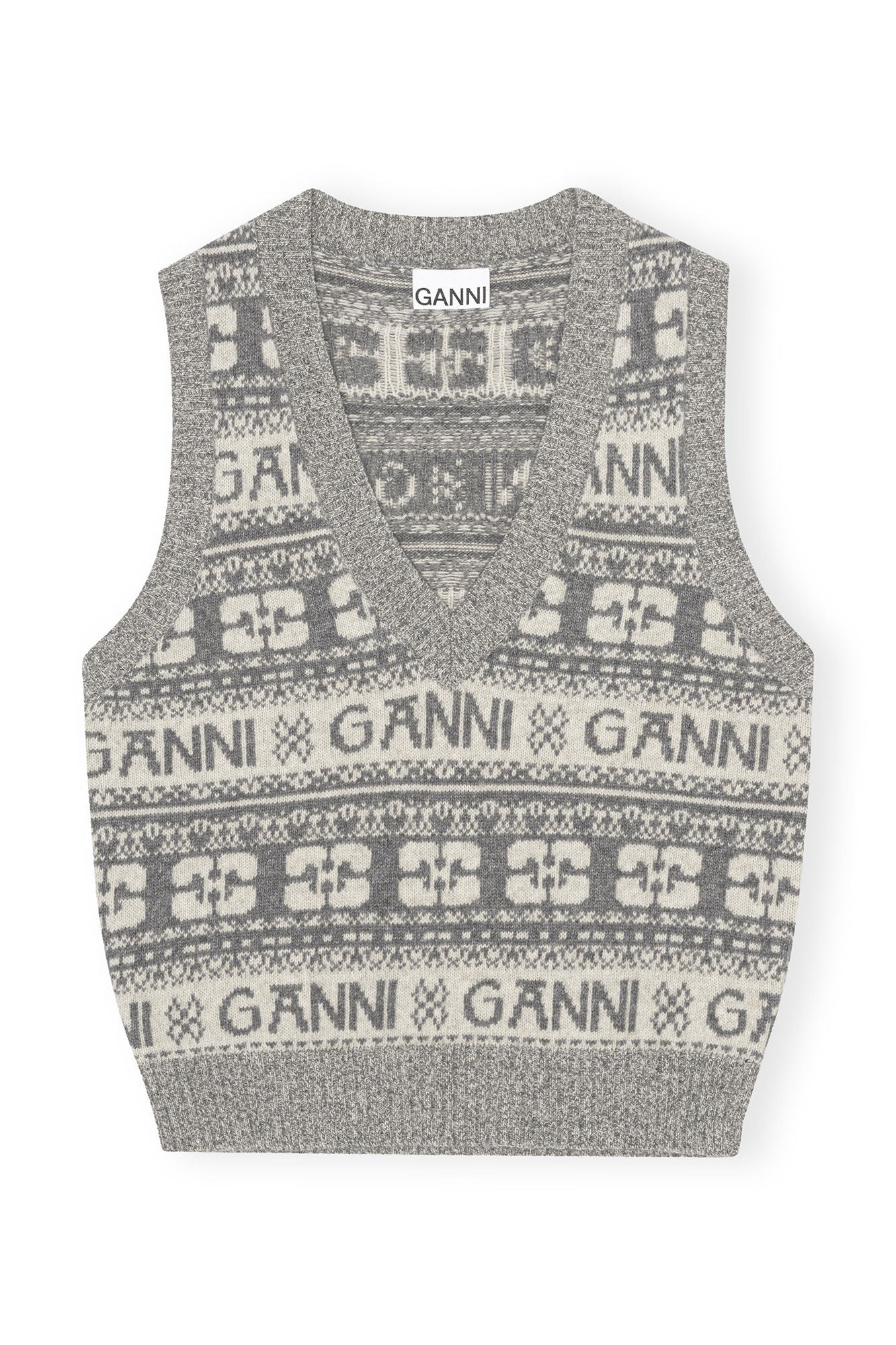Ganni Logo Wool Sweater Vest - Frost Gray | Garmentory