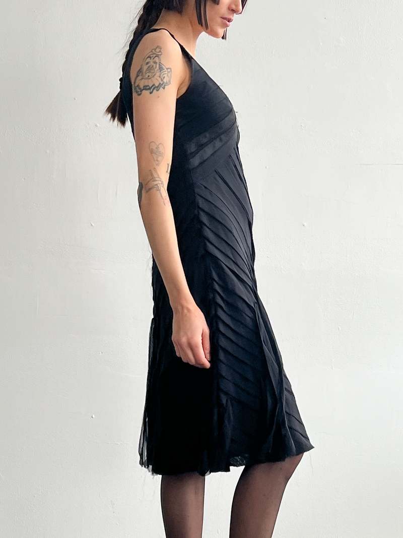 dkny black silk dress DKNY Tiered lace-insert Midi Dress | Black