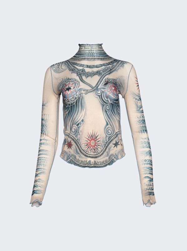 Jean Paul Gaultier Soleil Long Sleeve High Neck Dress - Nude/Blue