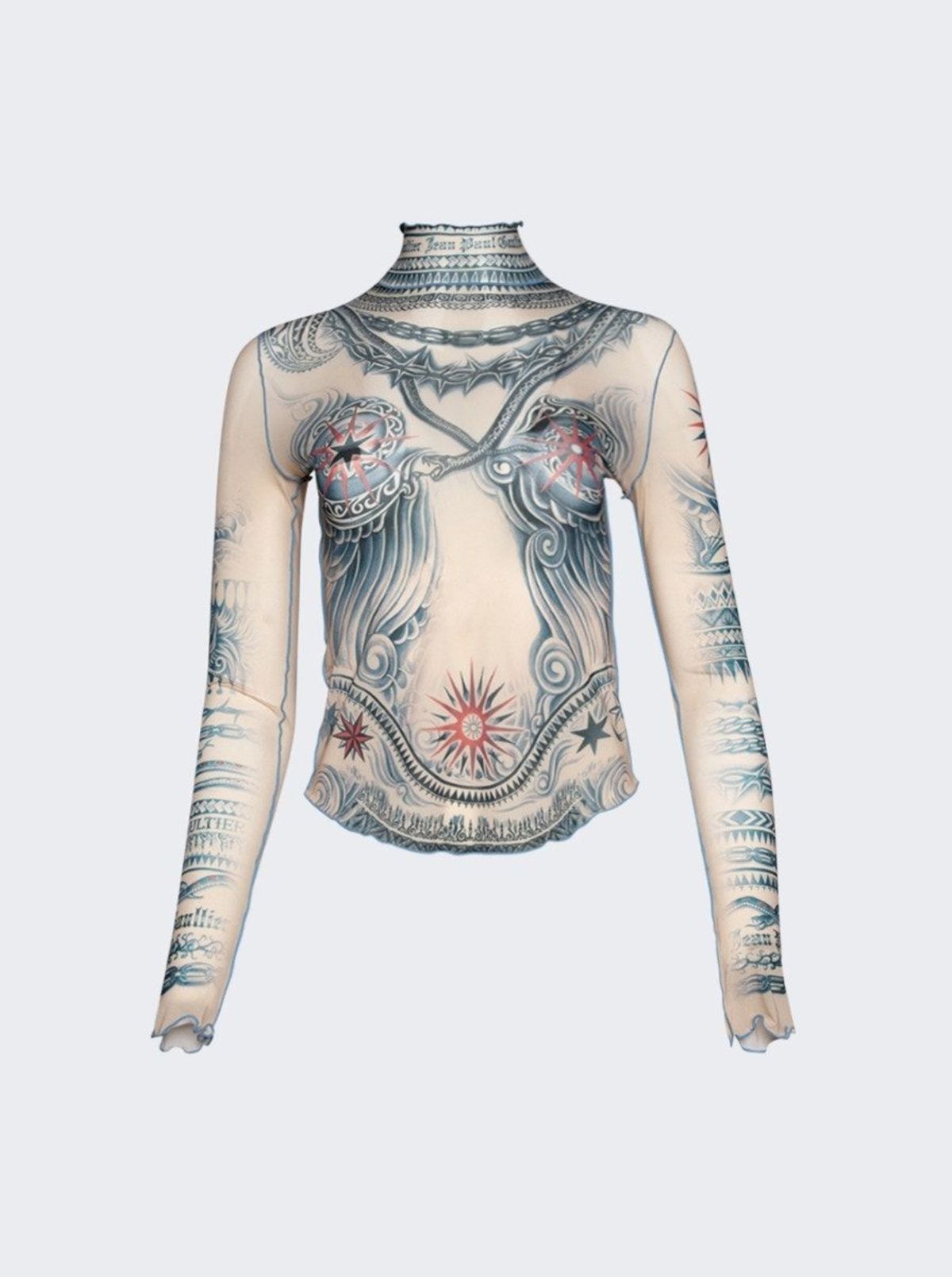Jean Paul Gaultier Soleil Long Sleeve High Neck Dress - Nude/Blue