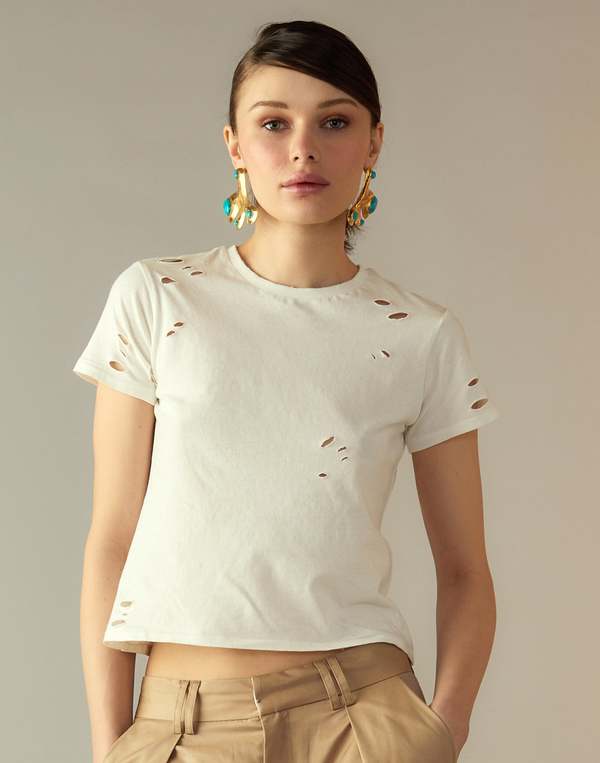 Cynthia Rowley Distressed Tee - White
