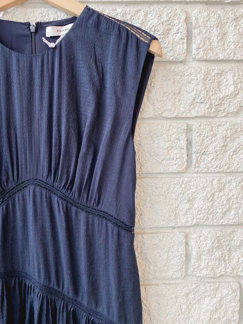 FRAME Denim Gathered Seam Lace Inset Dress - Navy FRAME Denim Gathered Seam Lace Inset Dress - Navy