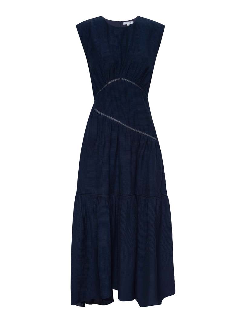 FRAME Denim Gathered Seam Lace Inset Dress - Navy