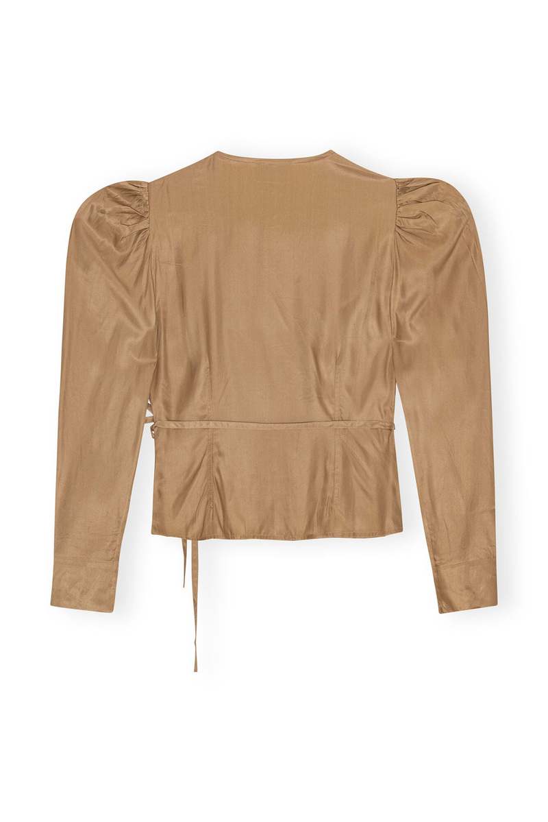 GANNI Viscose Twill Wrap Blouse ベージュ Ganni viscose twill wrap blouse - tigers eye | Garmentory
