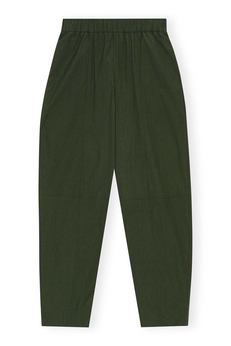 Ganni COTTON CREPE ELASTICATED CURVE PANT - KOMBU GREEN