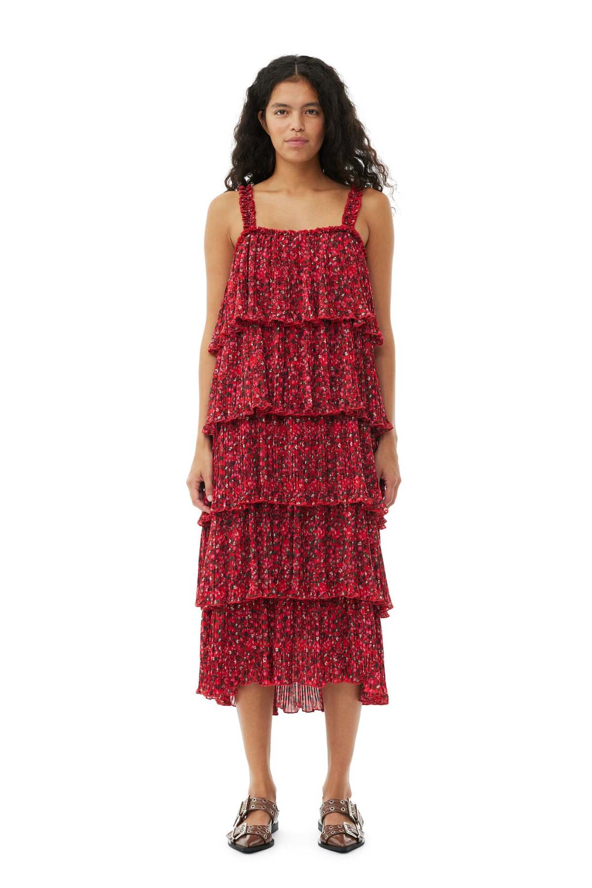 Ganni PLEATED GEORGETTE FLOUNCE MIDI DRESS - RACING RED PRINT