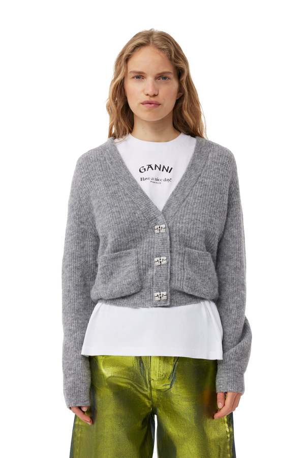 Ganni Soft Wool Cardigan - Wild Orchid/Paloma Melange | Garmentory