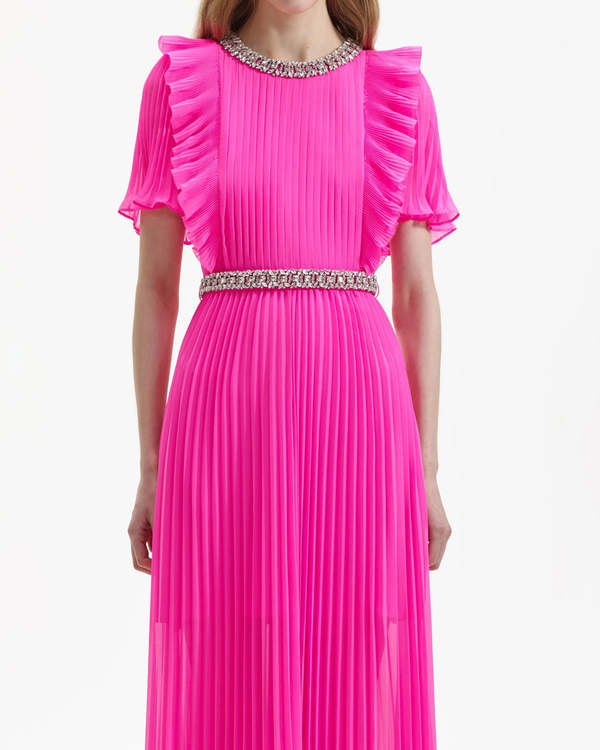 knee length dresses for ladies RENT Self Portrait Pink Chiffon Tiered Midi Dress (RRP £380) main image 1