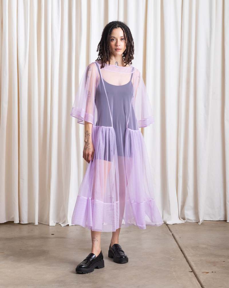 Ali Golden Side Ruffle Mesh Dress - Lilac | Garmentory