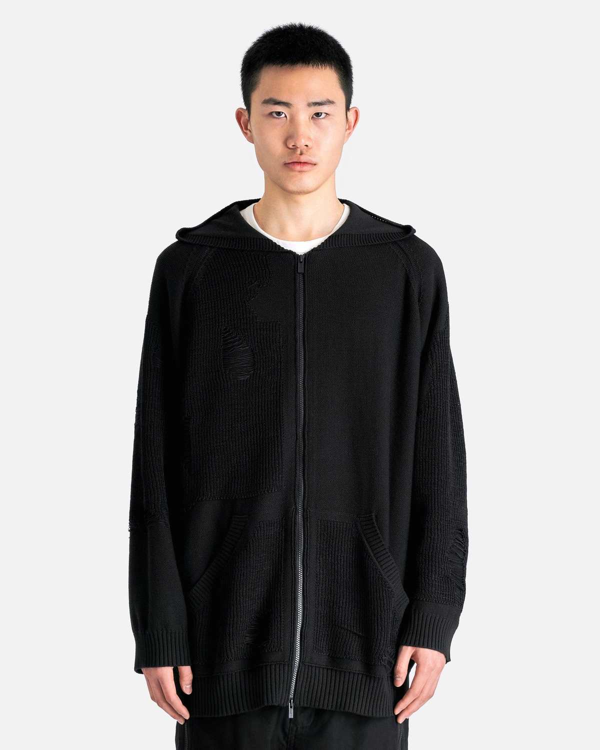Yohji Yamamoto ブラック ニットフーディー Yohji Yamamoto Pour Homme Zip Hoodie - Black | Garmentory