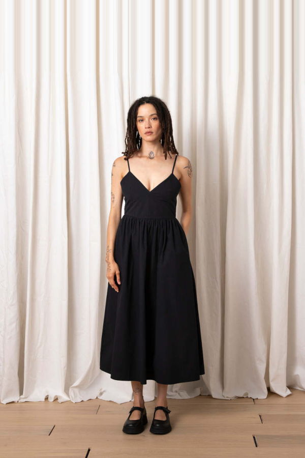 Ali Golden Tie Back Midi Dress - Black Poplin