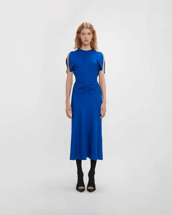 Victoria Beckham Gathered Waist Midi Dress - Palace Blue | Garmentory Victoria Beckham Gathered Waist Midi Dress - Palace Blue | Garmentory