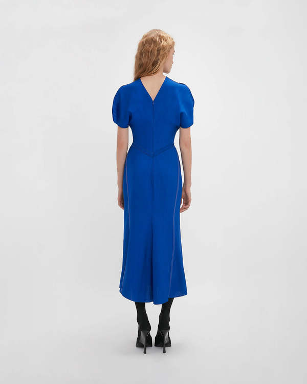 Victoria Beckham Gathered Waist Midi Dress - Palace Blue | Garmentory Victoria Beckham Gathered Waist Midi Dress - Palace Blue | Garmentory