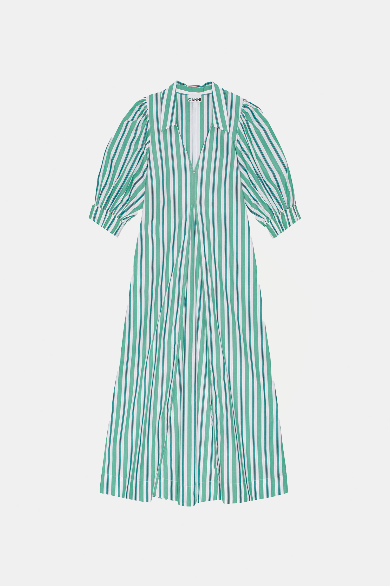 ★Ganni★ Puff sleeve V-neck striped dress light green F6582 Ganni Striped Collar Long Dress - Cream/Menthe | Garmentory
