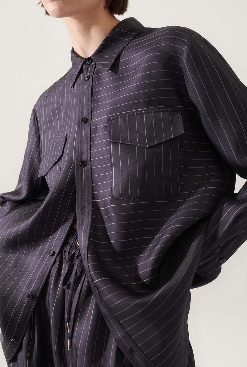 Silk Laundry Twill Boyfriend Shirt - Pinstripe Black/White