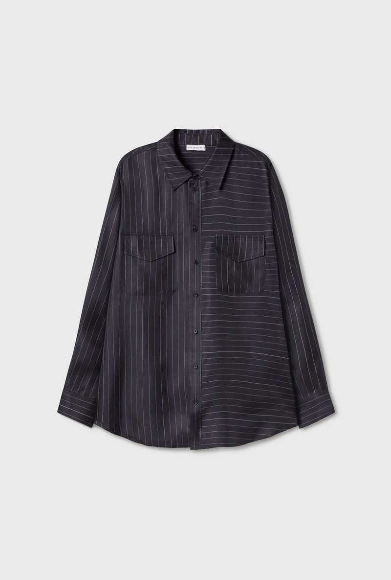Silk Laundry Twill Boyfriend Shirt - Pinstripe Black/White