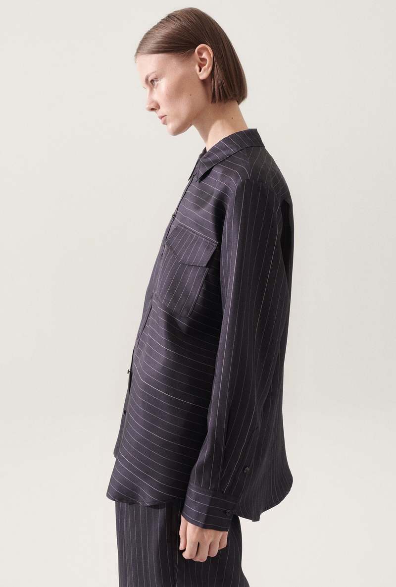 Silk Laundry Twill Boyfriend Shirt - Pinstripe Black/White