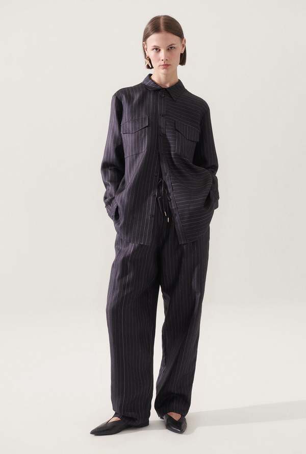 Silk Laundry Twill Boyfriend Shirt - Pinstripe Black/White