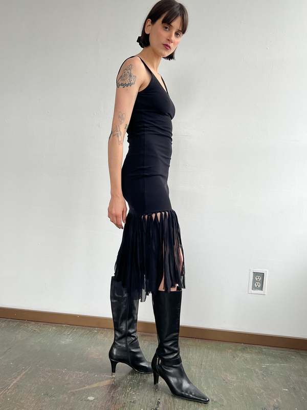 Vintage Fuzzi Mesh Fringed Dress - Black on Garmentory