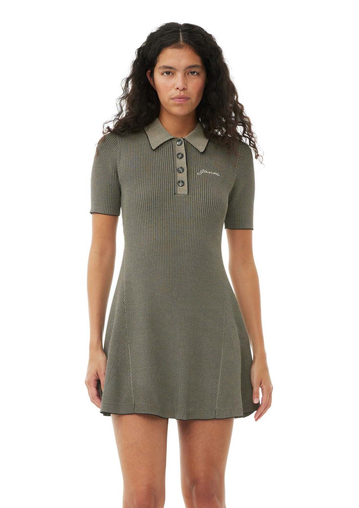 Ganni Melange Knit Short Sleeve Mini Dress - Safari | Garmentory