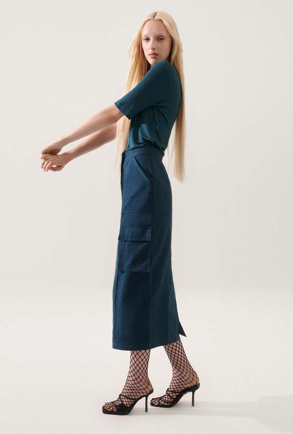Silk Laundry Canvas Cargo Skirt - Teal