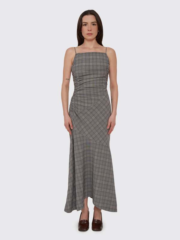 Ganni Check Mix Ruched Long Slip Dress - Frost Gray | Garmentory