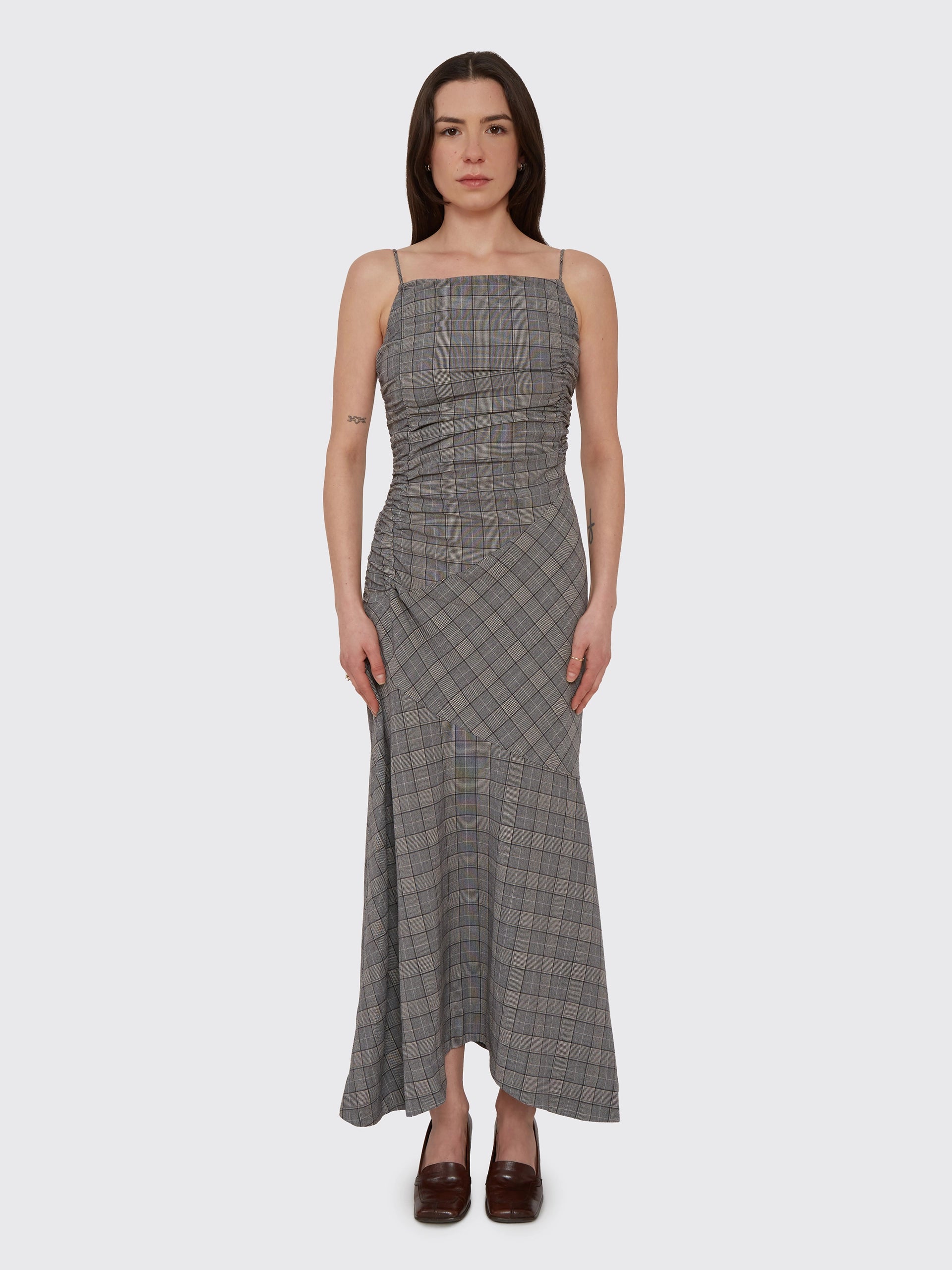 Ganni Check Mix Ruched Long Slip Dress - Frost Gray | Garmentory