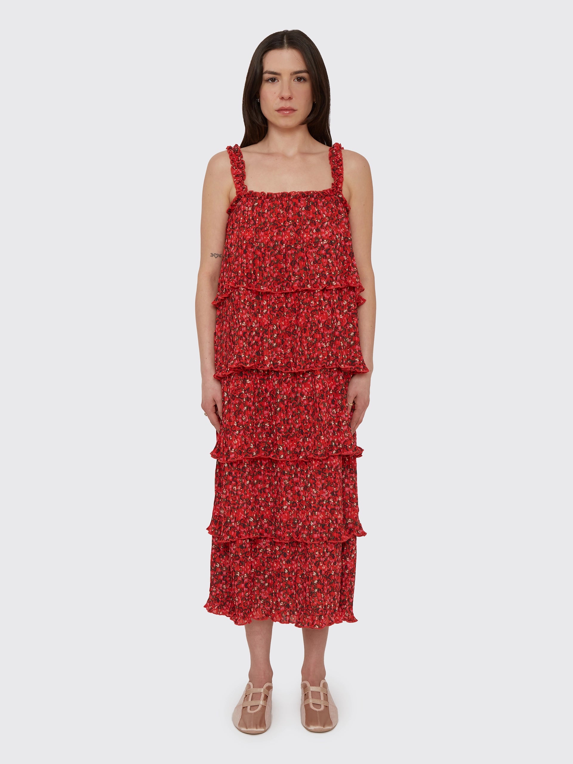 Ganni Pleated Georgette Flounce Strap Midi Dress - Racing Red