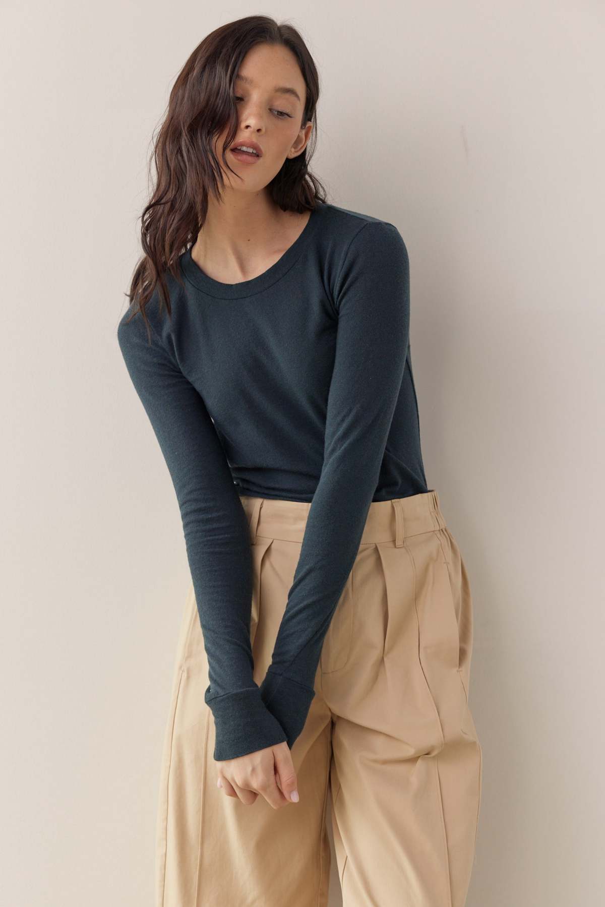 Amente Wool Tencel Blend Crew Neck Top - Forest - Image 4 of 9