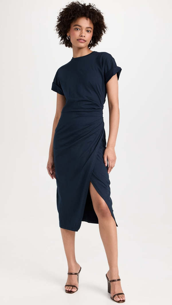 FRAME Denim Faux Wrap Midi Dress - Navy | Garmentory FRAME Denim Faux Wrap Midi Dress - Navy | Garmentory