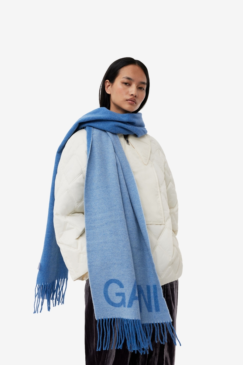 Ganni Recycled Wool Fringed Scarf - Light Blue Vintage