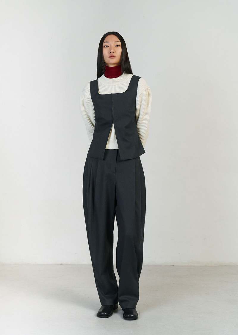 AMOMENTO Solid Wide Tuck Wool Pants - Charcoal | Garmentory