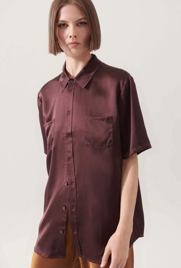 Silk Laundry Short Sleeve Boyfriend Shirt - Cacao