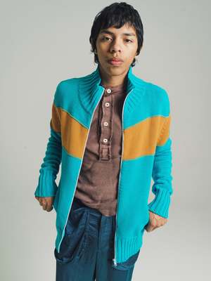 Edward Cuming Knit Track Jacket - Turquoise Blue/Curry | Garmentory