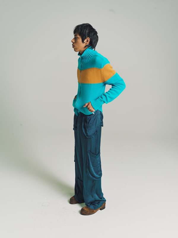 Edward Cuming Knit Track Jacket - Turquoise Blue/Curry | Garmentory