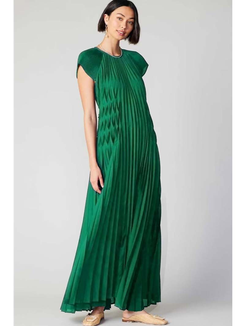 Current Air Everly Fluttered Maxi Pleated Dress - Green | Garmentory