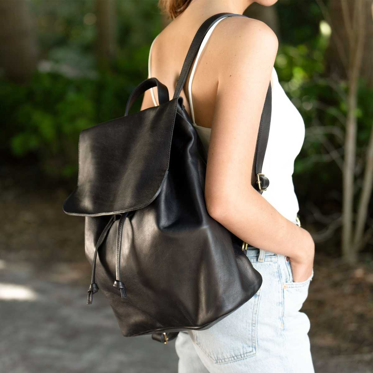 Nisolo Daniela Black Leather Drawstring Backpack Nisolo Daniela Drawstring Backpack - Black | Garmentory main image 2