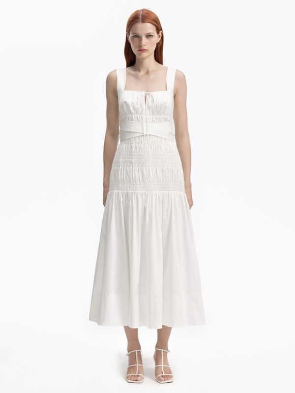 knee length dresses for ladies Self-Portrait WHITE LACE OPEN NECK MIDI DRESS – CHUUI_Collection main image 0