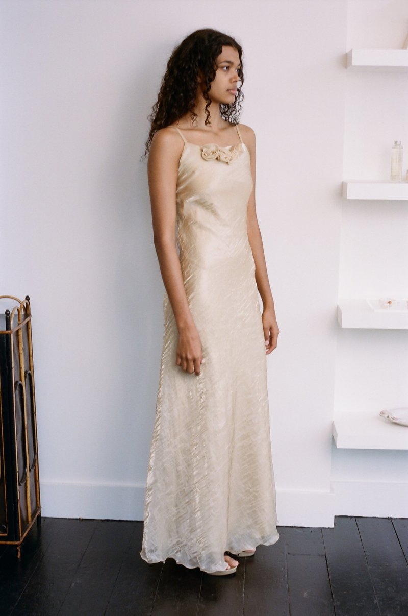 WOLF & GYPSY X JOAN Sheer Overlay Bias Cut Rossette Dress - Gold | Garmentory WOLF & GYPSY X JOAN Sheer Overlay Bias Cut Rossette Dress - Gold | Garmentory