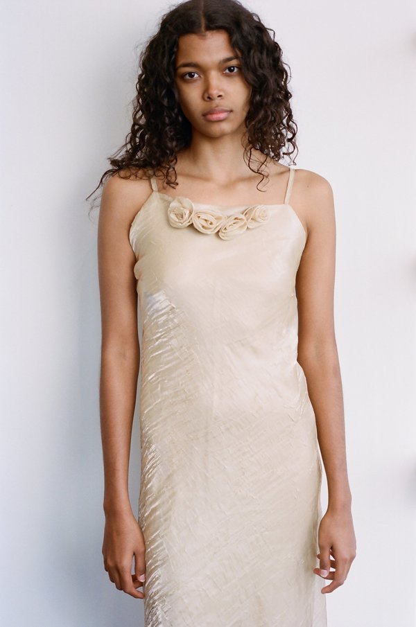 WOLF & GYPSY X JOAN Sheer Overlay Bias Cut Rossette Dress - Gold | Garmentory WOLF & GYPSY X JOAN Sheer Overlay Bias Cut Rossette Dress - Gold | Garmentory