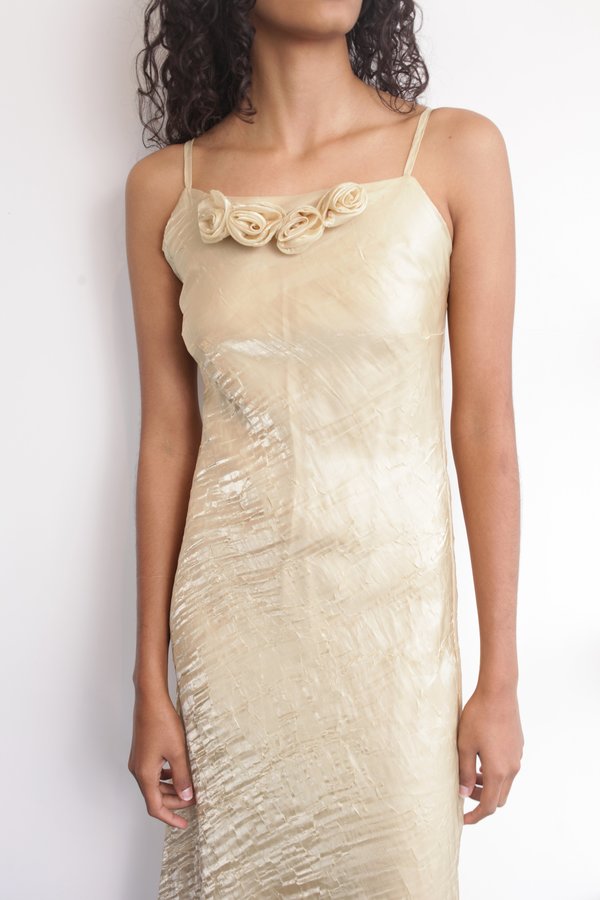 WOLF & GYPSY X JOAN Sheer Overlay Bias Cut Rossette Dress - Gold |  Garmentory