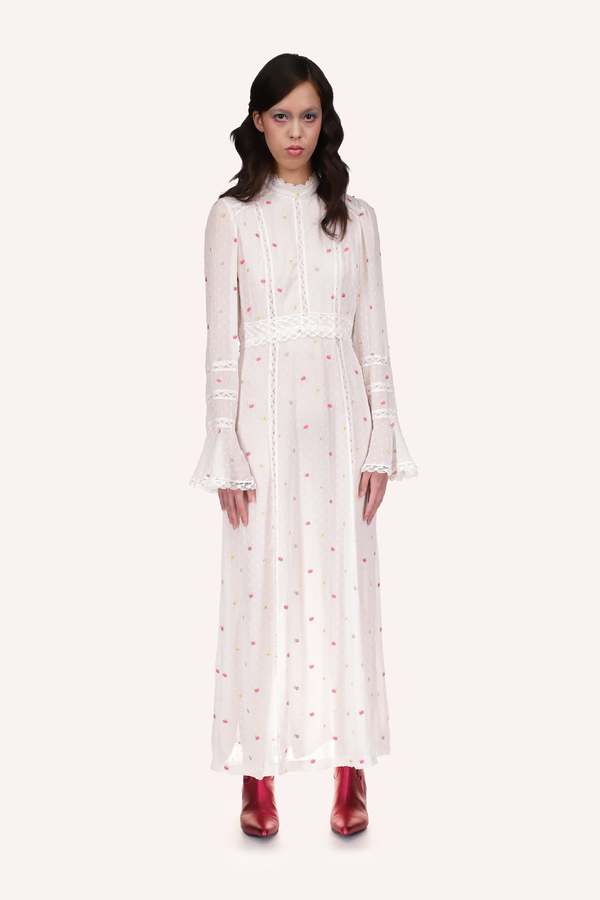 Anna Sui Cluny Lace Trimmed Floral Swiss Dot Maxi Dress - White Multi |  Garmentory